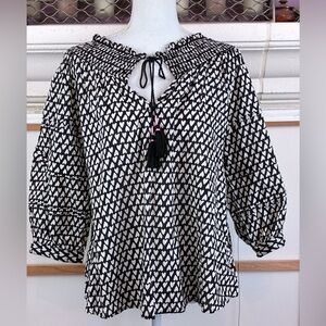 Ivy jane Black & White Heart Print Smocked Peasant Top prairie Cottagecore